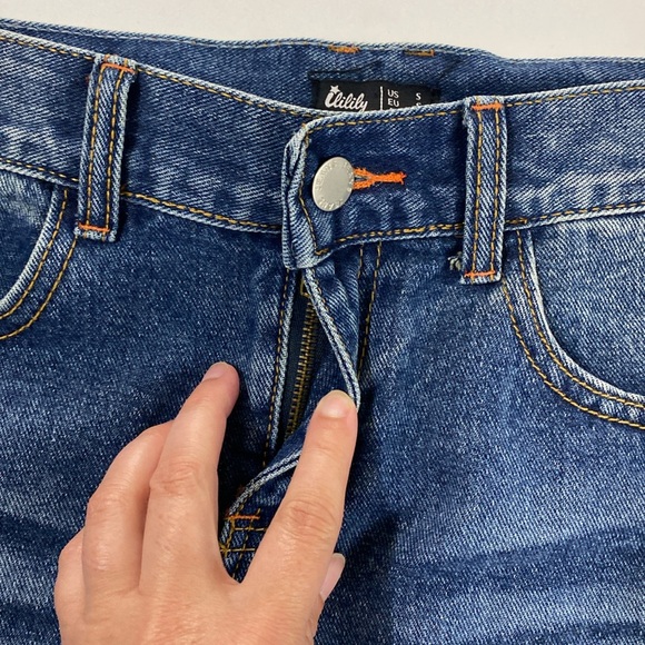 Ililily Cut-off Denim Mini Skirt Distressed Medium Blue Wash Size S - Picture 6 of 7